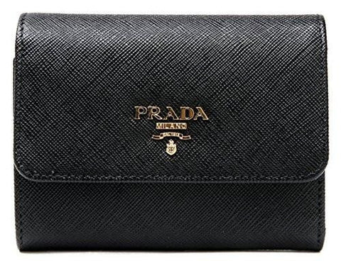 Wiberlux Prada Metal Logo Detail Flap Real Leather Mini Wallet One Size Black