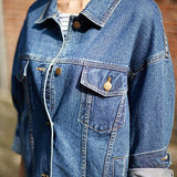 Loose Blue Washed Pocket Button Boyfriend Denim Jacket Coatschest 41 Blue