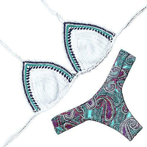 Mooskini Padded Bathing Suit Crochet Knitted Top Printing Bottom Bikini Set Handmade Swimsuit S White