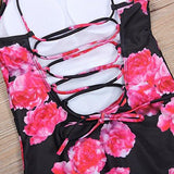 Pxmoda One Piece Leaf Print Swimsuit Back Bandage Padded Bikini Monokini Swimwear M Red