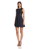 Sleeveless Faux Leather Fit And Flare Dress, Navy/Black, 8